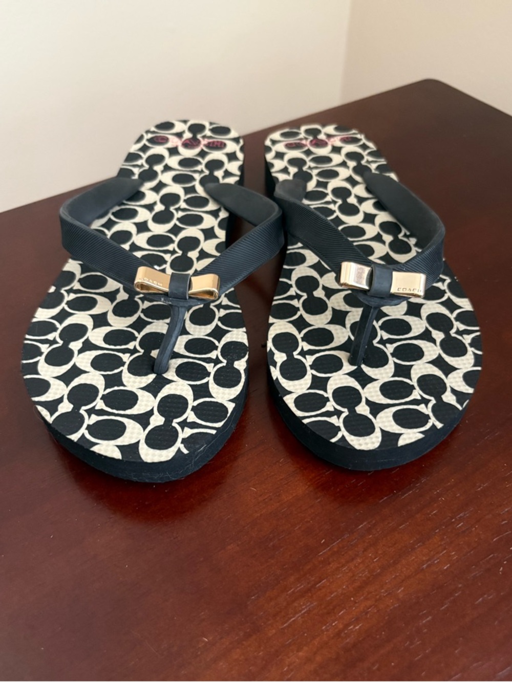 Size 5 - Coach Black & Cream Logo Flip Flops with Gold Accents